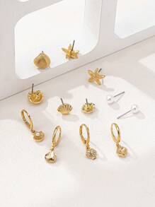 6pairs Elegant Ocean Themed Shell & Starfish Faux Pearl Earring Sets For Women, Jewelry Gift - Yellow Gold - View 4