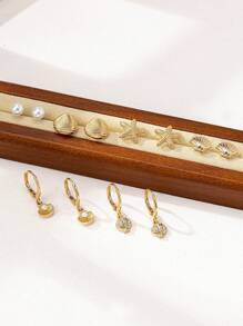 6pairs Elegant Ocean Themed Shell & Starfish Faux Pearl Earring Sets For Women, Jewelry Gift - Yellow Gold - View 3