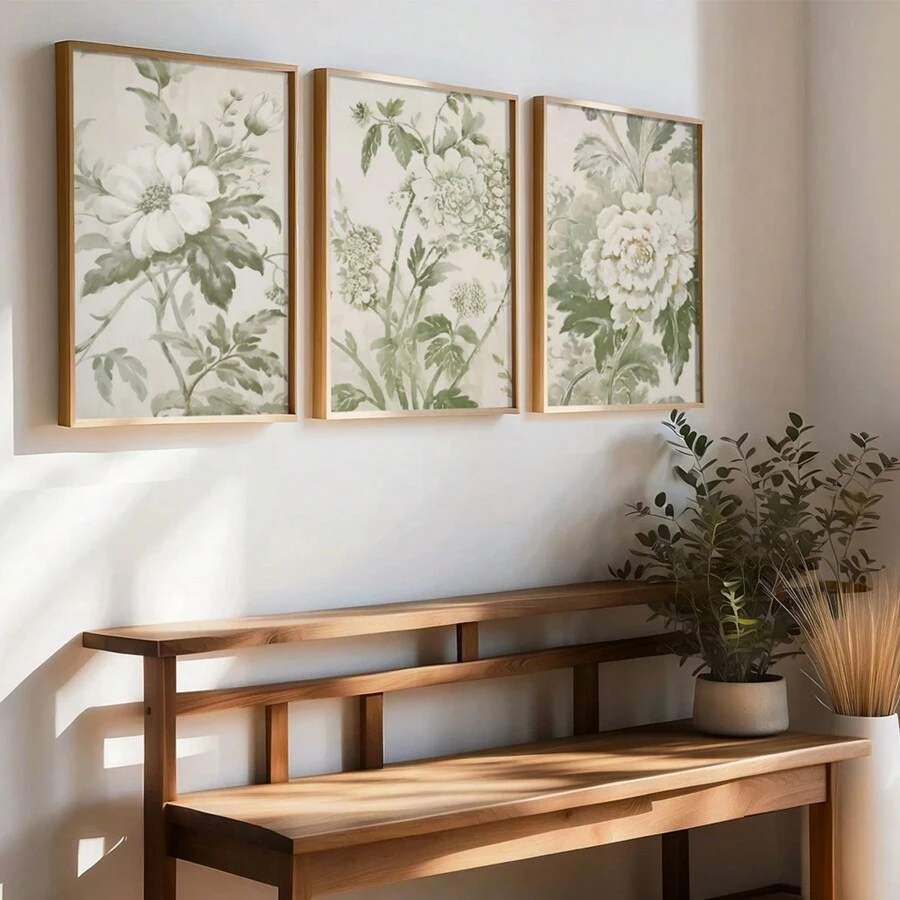 3 件套鼠尾草绿色花卉艺术，鼠尾草绿色三联画可印刷艺术，鼠尾草绿色艺术，花卉艺术，Grandmillenial 艺术，Grandmillenial 装饰，无框架 - 米色 - 查看 1