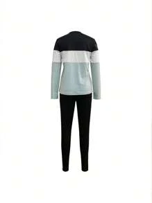 2pcs Colorblock Round Neck Long Sleeve T-Shirt And Pants Set, Spring Autumn Winter