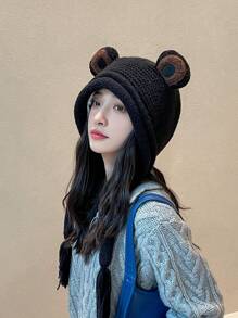 1pc New Stylish Multipurpose Casual High-Quality Cute Frog Knitted Ear Protection Beanie Hat For Outdoor Use, Windproof & Warm Winter Fall - Wool Cap - View 4