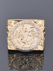 1pc 14k Golden Plated Imitation Gold Copper Ring,50 Peso Cubic Zirconia Mexican Commemorative Coin Ring,Golden Nugget Ring Men's Holiday Gift For Men - Yellow Gold - View 3