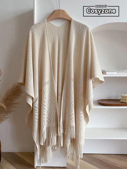 1 st, enfärgad huvknapp för kvinnor Poncho i bohemisk stil stickad mantel för resor, lämplig för daglig användning på hösten/vintern, Plus Size