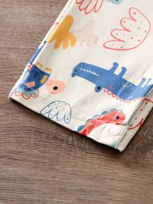 1pc Apricot Dinosaur All-Over Print Long Sleeve Soft Baby Jumpsuit, Spring/Autumn - Apricot - View 8
