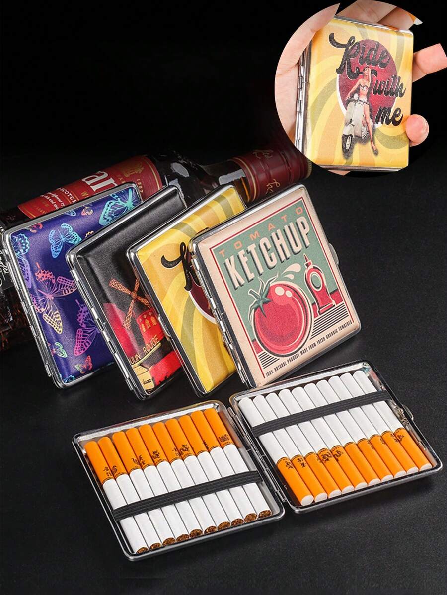 1pc Vintage Print Leather Cigarette Case, Fashion Smoking Accessory