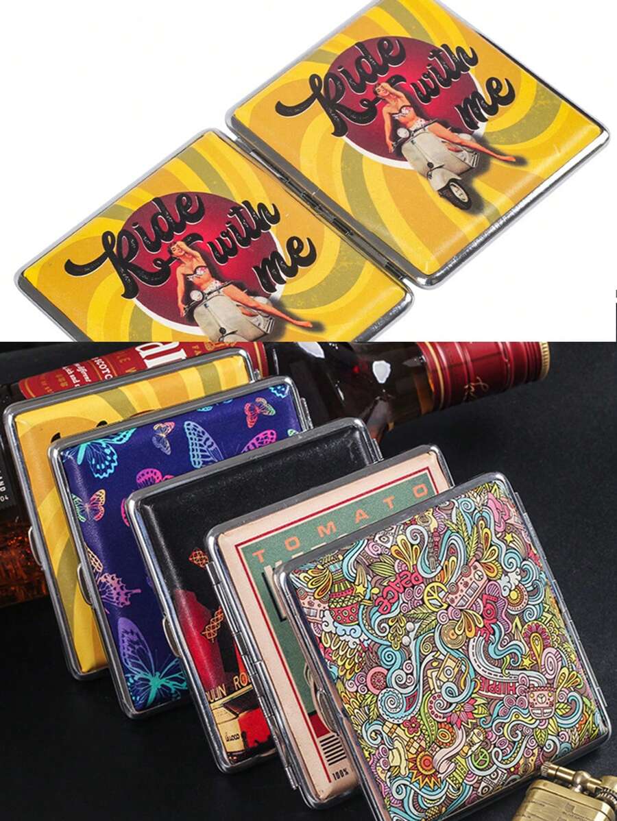 1pc Vintage Print Leather Cigarette Case, Fashion Smoking Accessory