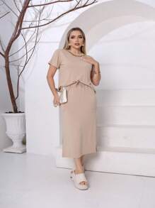 Midi Skirt And Cropped Blouse With Necklace Women's Short Sleeve Fashion Set - 米色 - 查看 1