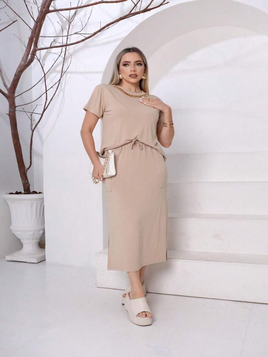 Midi Skirt And Cropped Blouse With Necklace Women's Short Sleeve Fashion Set - 米色 - 查看 1