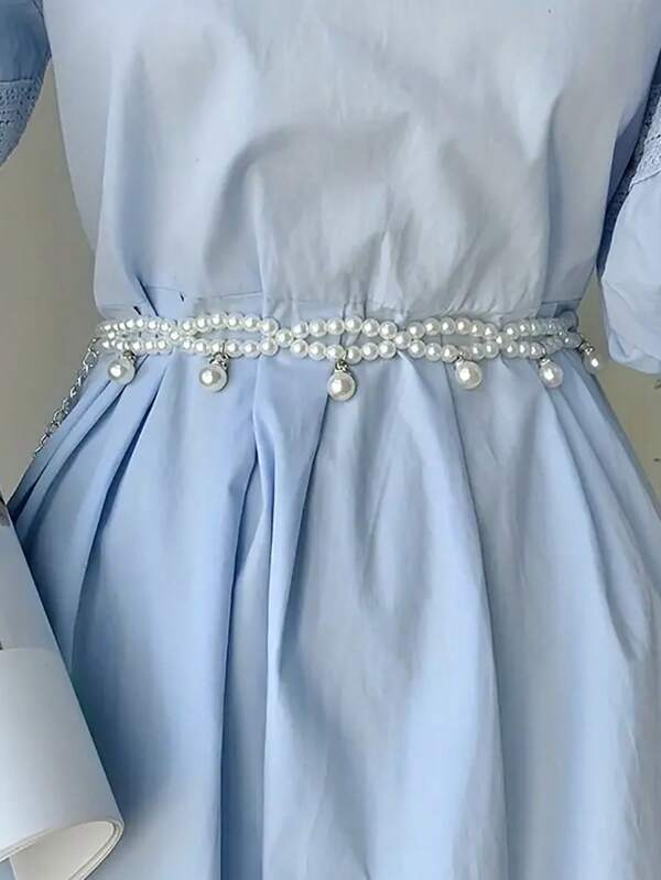 Cinturón elegante de vestido de dos capas de perlas falsas, cadena de cintura con decoración de colgante de moda