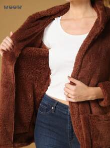 WUUW Women's Long Open Teddy Coat With Pocket,Women's Tracksuit - 駝色 - 查看 6
