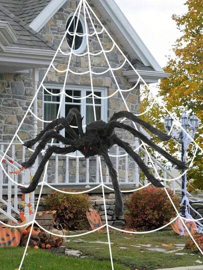 1 套巨型蜘蛛网，三角形蜘蛛网（含地桩），假大蜘蛛，适用于庭院、草坪、派对、鬼屋装饰、万圣节主题派对背景装饰