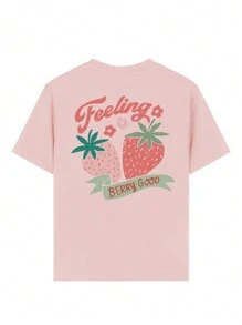 少女休闲草莓印花圆领短袖T恤，适合女孩和儿童，是夏季学生的理想之选——甜美的草莓图案，柔软舒适，适合日常穿着！图案T恤，夏季上衣 - 粉色 - 查看 2