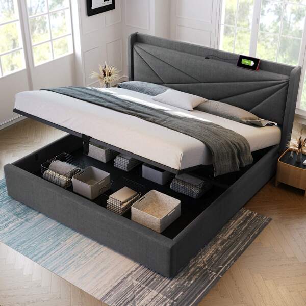 okwish eenpersoons gestoffeerd bed 90x200cm/140x200cm/160x200cm/180x200cm, bedkastopberger, hoofdeinde met USB Type-C oplaadfunctie, massief bedframe met lattenbodem, beige (met matras/zonder matras)