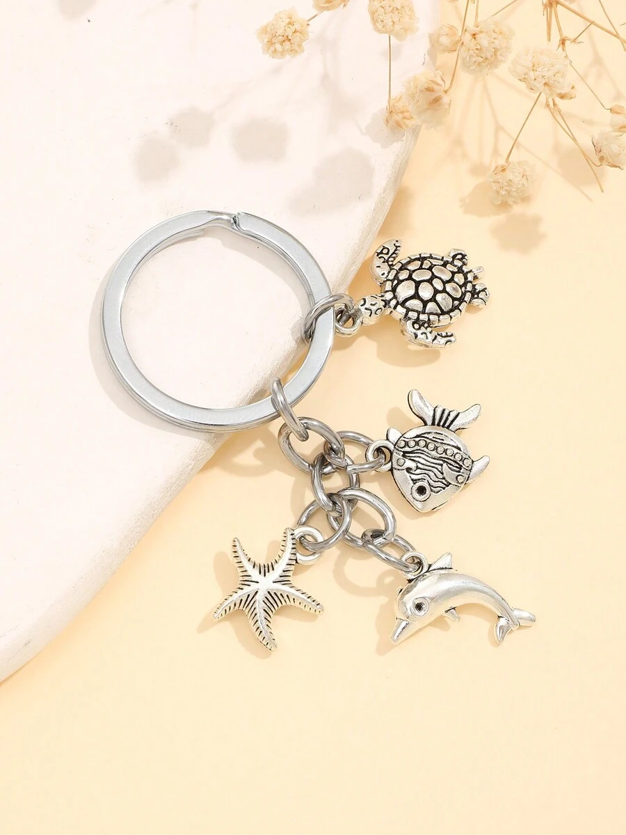 1件装海龟、海星、海豚钥匙扣 DIY手工海洋沙滩饰品 - 復古銀色 - 查看 1