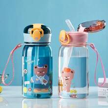 1pc 400ml Cartoon Bear Design Water Cup With Straw, Spill-Proof Portable Cup With Lid, Handle, Tea Strainer, For Easy Carrying And Fruit/Tea Separation