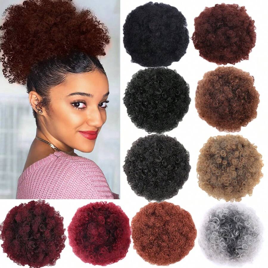 8Inch Afro Puff Ponytail For Women Kinky Curly Ponytail Hair Synthetic Hair Bun Extensions Hairpieces Updo Hair With Two Clips
