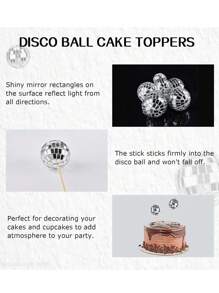 17pcs Laser Ball Cake Decoration Set, Mirror Disco Ball Cake Decor, Birthday Cake Decoration, Disco Party Supplies, Silver Acrylic Happy Birthday Cake Topper (Use With White Sticks) - Laser - View 4