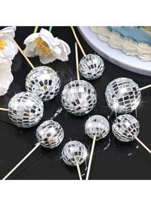 17pcs Laser Ball Cake Decoration Set, Mirror Disco Ball Cake Decor, Birthday Cake Decoration, Disco Party Supplies, Silver Acrylic Happy Birthday Cake Topper (Use With White Sticks) - Laser - View 5