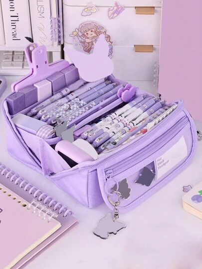 1 件新款大容量升级版窗口棱镜翻盖学生文具收纳盒，可用于存放笔类尺子手帐胶带，校园系列返校考试专用帆布笔袋，多功能宿舍桌面化妆哦桌面配件收纳袋返校，返校，学校用品，铅笔盒，铅笔袋，书包