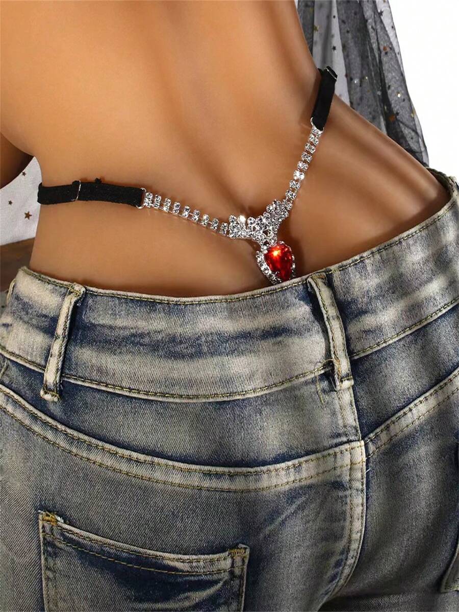 Heart Shape Red Crystal Encrusted Thong Bikini Sexy Beach Silver Plated Body Chain Jewelry - Multicolor - View 1