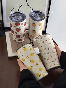 1 件 20 盎司/600 毫升水果系列保温杯、双层真空杯、带盖旅行杯、露营咖啡杯、保温瓶（不含吸管）水瓶返校 - 彩色 - 查看 9