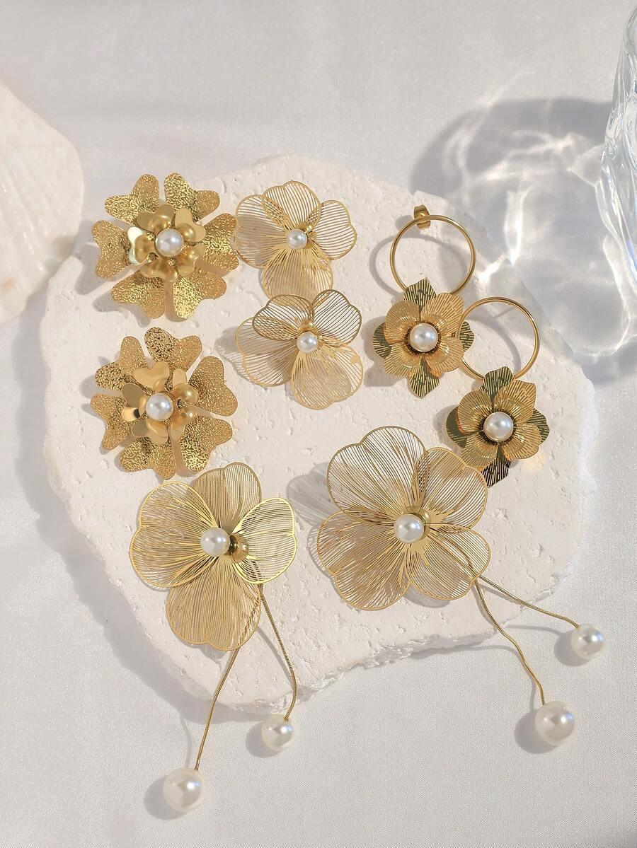 Mazuer 1 对复古别致夏日海滩夸张金属珍珠花耳环，优雅女性设计，适合约会、教师节、毕业典礼、感恩节、万圣节、节日派对、日常通勤、度假 - 金黃色 - 查看 1