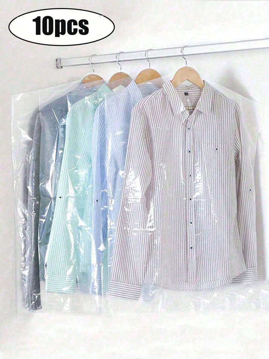 10 件防尘罩，塑料透明防尘袋，透明衣物防尘罩，挂式服装袋，透明西装防尘罩袋，塑料挂式衣服收纳袋，适用于衬衫、西装、连衣裙、外套，便携式防尘服装袋，卧室、壁橱、衣柜、家庭、宿舍家用收纳整理器沙滩包沙滩必需品沙滩巾收纳袋沙滩配件沙滩用品度假包夏季度假必需品、包、收纳袋、收纳 - 白色 - 查看 1