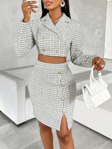 女士时尚格子图案双排扣短款西装外套和裙子套装两件套 - 白色 - 查看 6
