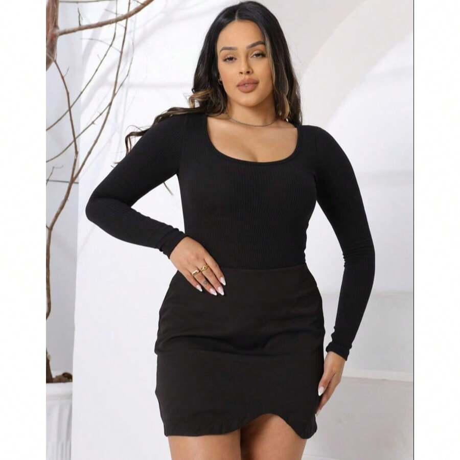 Bori Bory Women's Bodysuit Long Sleeve Square Neckline Basic Casual - màu đen - Xem 1