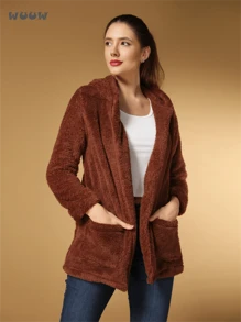 WUUW Women's Long Open Teddy Coat With Pocket,Women's Tracksuit - 駝色 - 查看 3