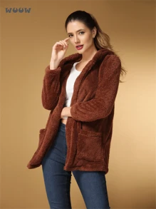 WUUW Women's Long Open Teddy Coat With Pocket,Women's Tracksuit - 駝色 - 查看 1