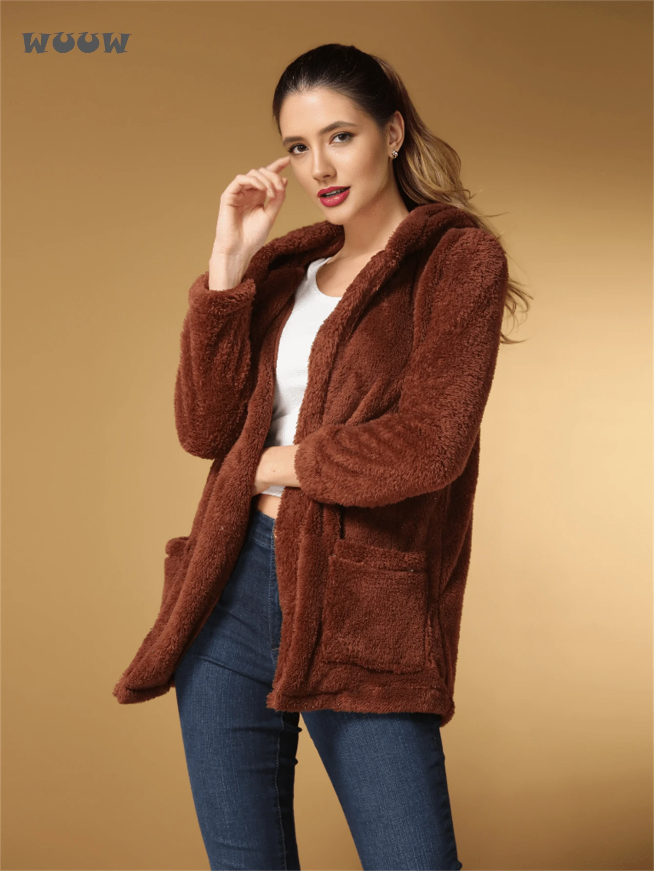 WUUW Women's Long Open Teddy Coat With Pocket,Women's Tracksuit - 駝色 - 查看 1