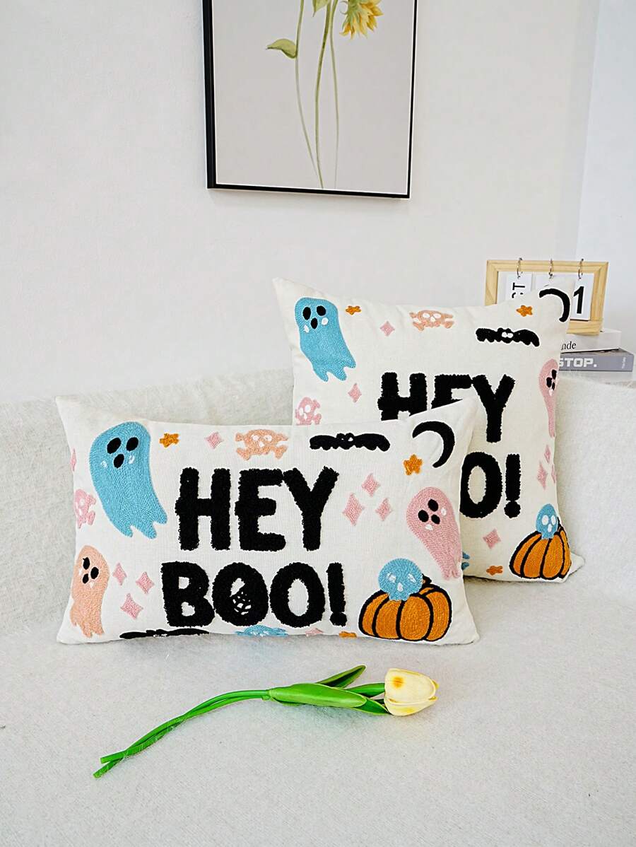 1 件万圣节鬼魂字母刺绣装饰抱枕套，适合多种尺寸和房间，不含内垫 - 彩色 - 查看 1