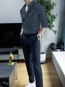 Men's Plain Long Sleeve Dress Shirt With Button Comfortable Imported Dress Blouse - Dark Grey - View 2