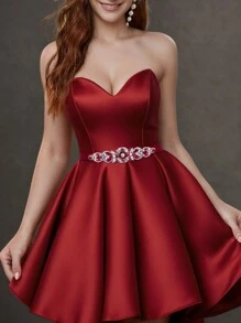 1pc Women's Burgundy Red Rhinestone Decor Belt, Elegant Waistband For Dress, Fashion Waist Accessories For Party & Wedding - Red - View 5