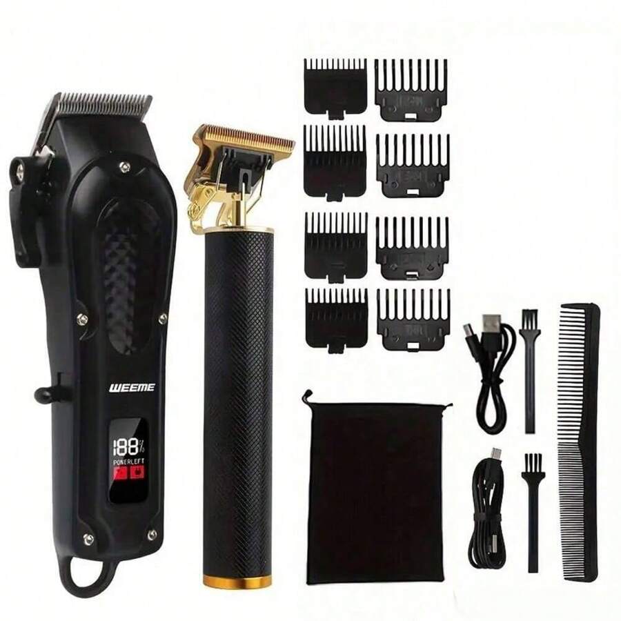 Professional Hair Clippers Set,VintageT-Blade Trimmer,Electric Hair Clipper, Portable Rechargeable Cordless Beard Trimmer Hair Cutting Shaving Machine,Holiday Gift Father's Day Gift - Black - View 1