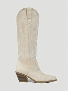 Giày bốt da lộn giả mũi nhọn thêu họa tiết phương Tây mùa đông cho nữ - Màu be - Xem 5