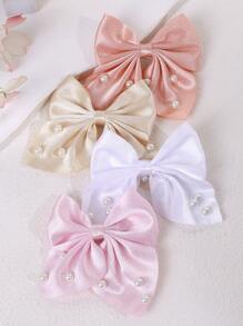 4pcs Pearl Hair Bow Clips For Kids,Ribbon Bow Hairpins With Tails, Silk Satin Pearl Hair Clips For Girls,Simple Hair Barrettes,Hair Accessories For Girls - Multicolor - View 6