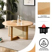 LZ Home Elegant Wooden Coffee Table With Faux Rattan Accents Perfect For Stylish Living Rooms And Cozy Tea Time