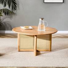 LZ Home Elegant Wooden Coffee Table With Faux Rattan Accents Perfect For Stylish Living Rooms And Cozy Tea Time
