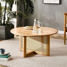 LZ Home Elegant Wooden Coffee Table With Faux Rattan Accents Perfect For Stylish Living Rooms And Cozy Tea Time