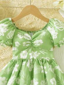 女童夏季白色碎花甜美领泡泡袖连衣裙，清新时尚，可爱简约 - 薄荷綠 - 查看 6