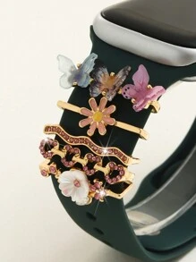 5pcs Cute 3D Floral Alloy Watch Band Buckle With Rhinestone Wave Heart Smartwatch Bands Accessories, Watch Band Not Included - Gold - View 1