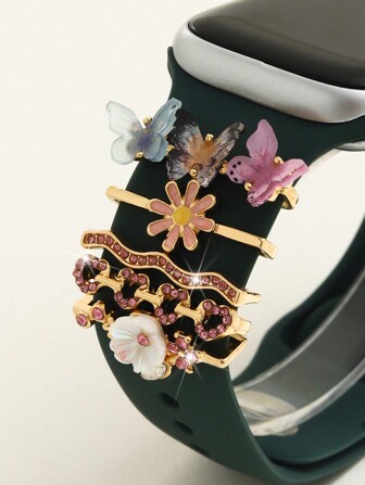 5 件装可爱 3D 花卉合金表带扣，带水钻波浪心形智能手表表带配件，不含表带