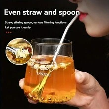 2-In-1 Stainless Steel Straw Spoon - Coffee And Milk Tea Mixing Filter, Reusable Juice And Smoothie Drinking Tube,Kitchen,Christmas Gift - Multicolor - View 3