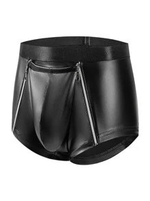Men's Soft Matte Leather Boxer Sexy Double Zipper Open Crotch Underpants Male Stage U Convex Pouch Short Pants Crotchless Sexi