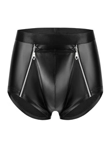 Men's Soft Matte Leather Boxer Sexy Double Zipper Open Crotch Underpants Male Stage U Convex Pouch Short Pants Crotchless Sexi