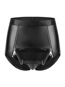 Men's Soft Matte Leather Boxer Sexy Double Zipper Open Crotch Underpants Male Stage U Convex Pouch Short Pants Crotchless Sexi