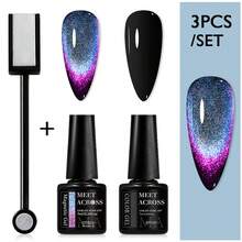 3 件套猫眼凝胶指甲油套装，夏季指甲彩虹猫眼凝胶指甲油，8 色 9D 银河星空效果猫眼凝胶指甲油，银河闪光银河效果猫眼指甲油配黑色凝胶套装，可浸泡 UV LED 猫眼指甲油美甲套装在家 DIY 美甲用品，附赠磁棒，送给女性的礼物 - 彩色 - 查看 16