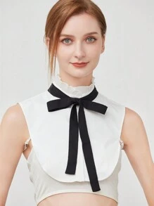 1 pieza Blusa de mujer con contraste de color negro y blanco, cuello con lazo